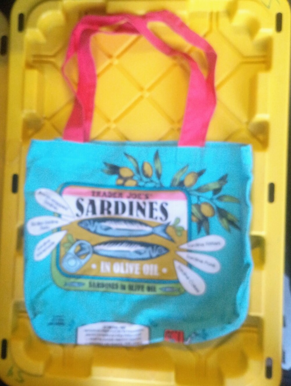 Trader Joes Turquoise Graphic Sardines Tote Bag with Pink Handles